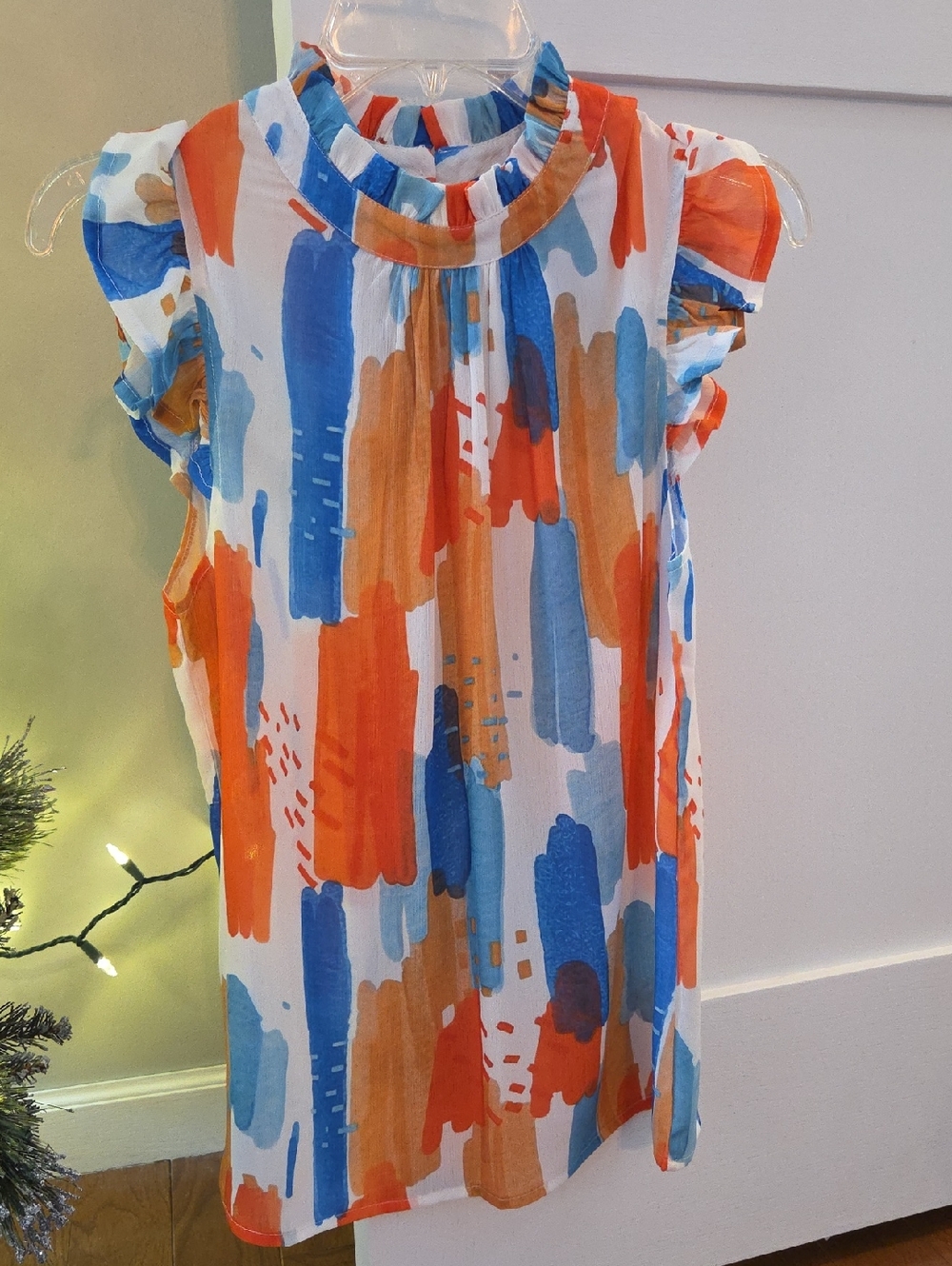 Bright Brushstroke Sleeveless Blouse in White, Orange & Blue